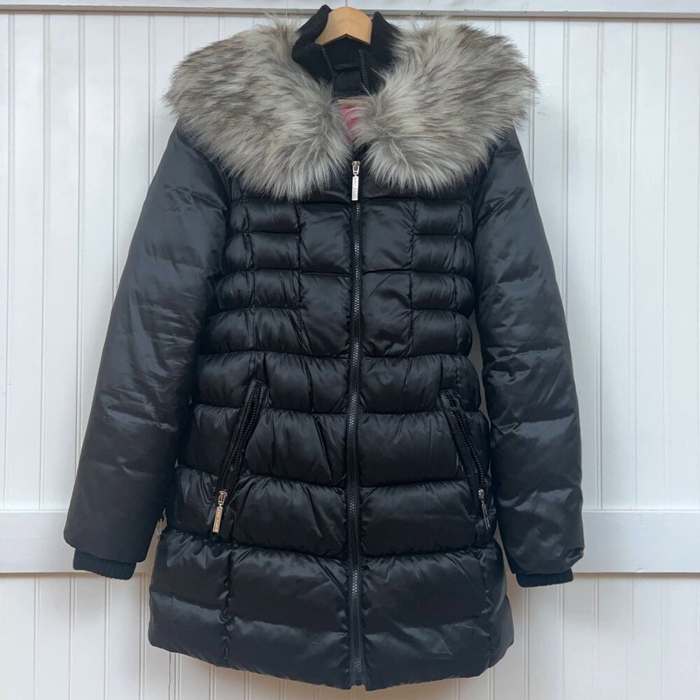 Betsey Johnson Women's M Black Puffer Coat Faux Fur Collar Warm Winter Jacket - Picture 2 of 12